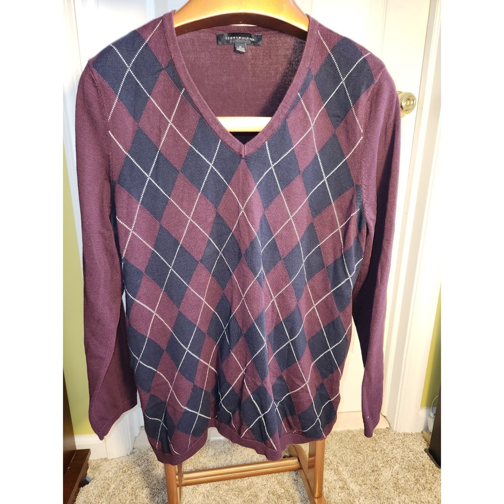 Tommy Hilfiger Men's Long Sleeve Argyle V-neck Sweater XL Cotton Pullover